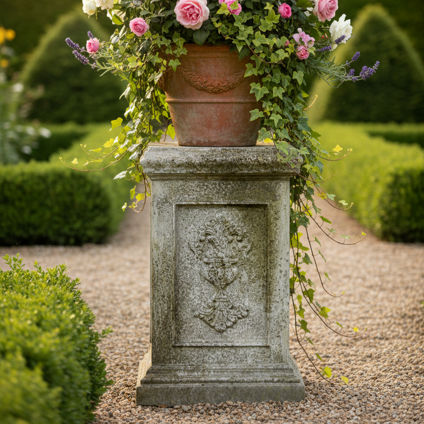 Floral arrangement in a terracotta pot on a stone pedestal in a garden setting
