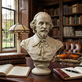 18 inch Shakespeare bust Bust of a famous person on a desk with books and a violin in a library setting