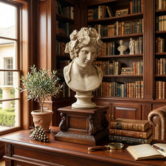 Bust on a wooden desk with books and a window in the background