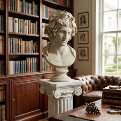 28 inch Dionysus Bust on a Pedestal Bust on a pedestal in a room with bookshelves and a window