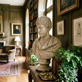 A classical stone bust sculpture of a bearded man in draped clothing, displayed on an ornate wooden table in a dark, elegant study with bookshelves, paintings, and green plants.