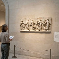 Person looking at a wall sculpture in a museum