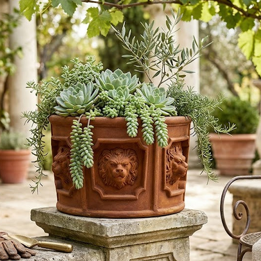 A terracotta planter with carved lion faces and floral details, filled with green succulents and trailing plants, displayed on a stone pedestal in an outdoor garden courtyard.