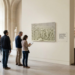 People visiting a museum with sculptures and reliefs on the walls.