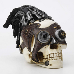 Steampunk Skull With Wire Hair And Leather Goggles Myth & Legend Classic Statue Sculpture, Myth & Legend, XoticBrands Home Decor
