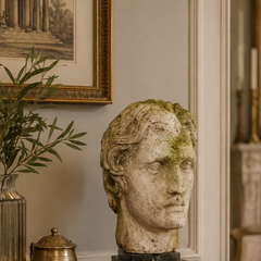 A classical-style stone bust sculpture with green moss accents sits on a black marble base on a dark wooden console table in an elegant room. Books, a gold vessel, and framed wall art are arranged around it, with a fireplace and upholstered chair visible in the background.
