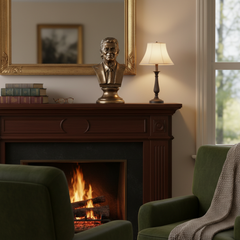 Cozy living room with fireplace, green armchairs, and decorative items.