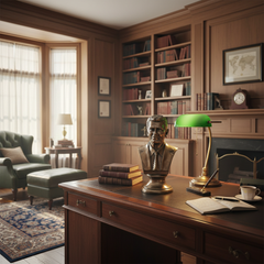 Stylish office interior with a desk, bookshelf, and decorative items.