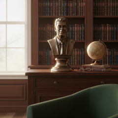 Bust of a man on a wooden desk with books and a globe in a library setting