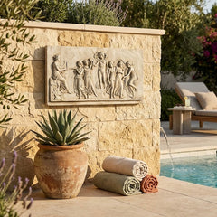 Apollo & Muse Med Wall Decor Decorative stone wall with a poolside setting featuring a sun lounger and potted plant.