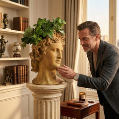 Man interacting with a decorative head sculpture in a room with books and a window view.
