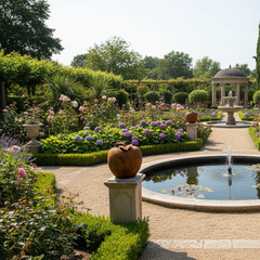Garden with fountain, sculptures, and seating area on a sunny day