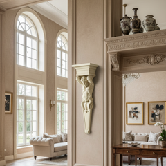 Luxurious living room with high ceilings, large windows, and decorative elements.