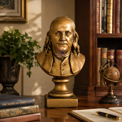 Bronze bust of a historical figure on a wooden desk with books and a globe in the background