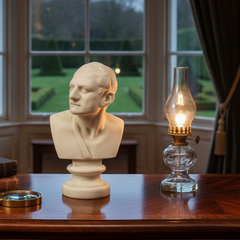 Bust on a wooden desk with a lamp and books, in front of a window with curtains.