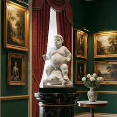 A white marble statue of a seated figure on a turtle, displayed on a black marble pedestal in an ornate room with dark green walls, framed paintings, red curtains, and a small table with white flowers.