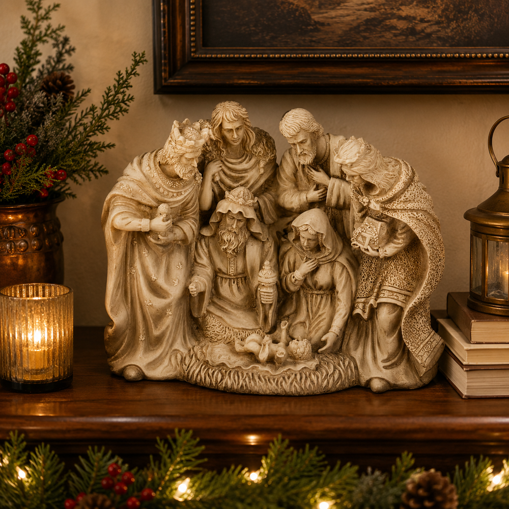 An off-white carved Christmas nativity scene figurine displayed on a wooden mantel, surrounded by holiday decorations including a lit candle, pine garland with warm lights, and a lantern.
