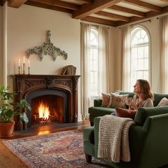 Woman sitting on a green sofa in a cozy living room with a fireplace.