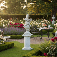 Garden scene with statues, tables, and flowers in a well-maintained garden.