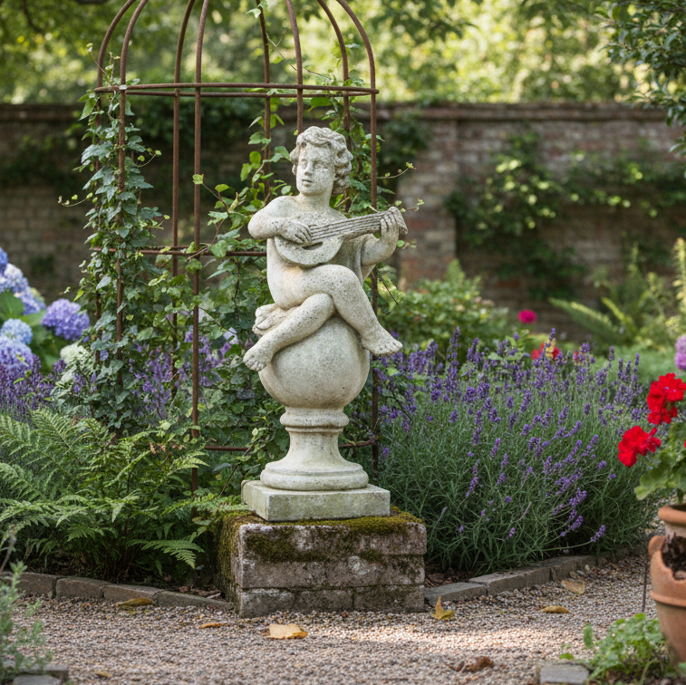 Statue in a garden with flowers and plants