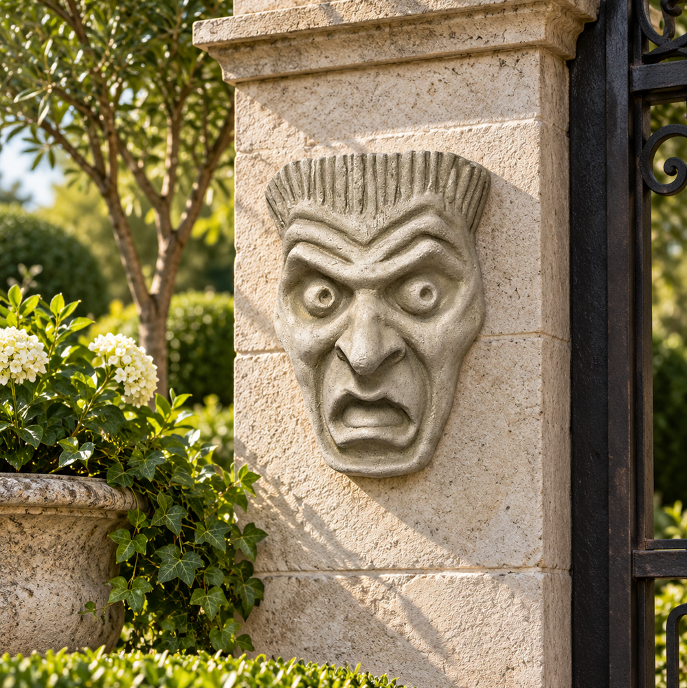 A carved stone gargoye face sculpture mounted on a beige stone pillar next to a black metal gate, with green garden foliage and a planter in the background.