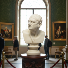 Bust on a pedestal in a grand room with paintings and columns