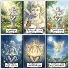Comic strip of a fairy statue in a garden, reading a book, and then taking flight.