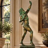 Dancing Faunus statue, 31 inch dancing faun with one arm raised in a green bronze finish, on a plinth in a classical interior