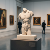 A white classical-style male torso sculpture displayed on a dark pedestal in a museum gallery, with framed paintings on the walls and two blurred visitors in the background.