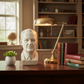 Desk with bust of F.D. Roosevelt, lamp, and books in a room with a window and bookshelf.