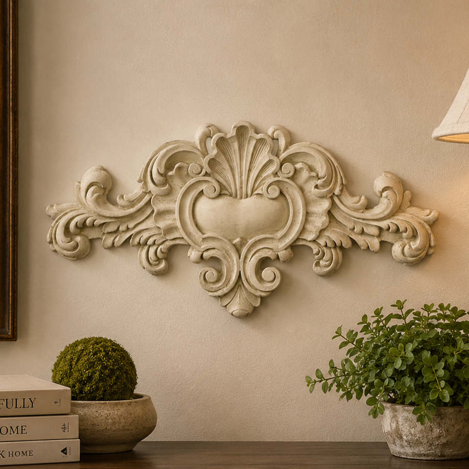 Decorative wall piece above a wooden console table with books, plants, and a lamp.