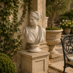 A classical-style stone bust sculpture of a draped female figure on a matching pedestal, placed outdoors against a textured wall with climbing ivy, potted plants, and a garden chair nearby.