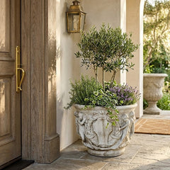 Decorative planter with greenery in front of a wooden door on a patio Elegant Cherub Bell Pot — Planter