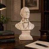 A white marble-style bust sculpture of Ralph Waldo Emerson on a pedestal, displayed on a wooden desk in a vintage study setting with books, a lamp, and an open notebook.