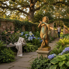 Garden scene with a statue of a child playing music, bench, and flowers.