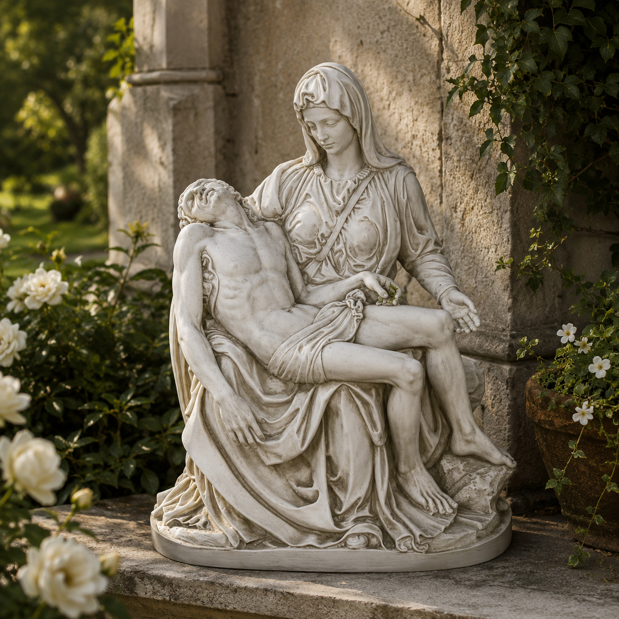 Statue of a woman holding a man in her lap against a stone wall with greenery and flowers.