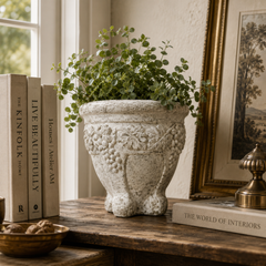 A textured stone planter with embossed grapevine details, filled with green leafy stems, styled on a rustic wooden table next to books and a framed picture.