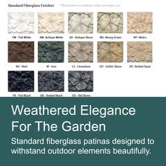 A promotional graphic showing multiple labeled fiberglass finish samples for garden use, including FW-Flat White, AW-Anthique White, AS-Anthique Stone, MG-Mossy Green, MT-Metro, RU-Rust, IR-Iron, LS-Limestone, GO-Gothic Stone, DS-Dusted Sand, FB-Flat Black, DB-Dusted Black, and OS-Old Stone. Text below reads 'Weathered Elegance For The Garden' and describes standard fiberglass patinas designed to withstand outdoor elements.