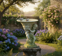 Decorative garden statue with a bird bath in a lush garden setting