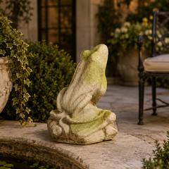 A weathered stone frog garden statue with green mossy accents, displayed on a stone patio beside a small pond in a landscaped garden setting.