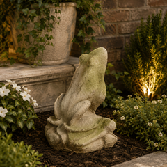 A mossy green and gray stone-finish frog garden statue sitting on a brick patio next to potted plants and a lit ground light.