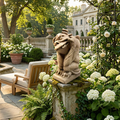 Garden scene with stone statue, chairs, and flowers in a sunlit garden.