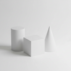 Three white geometric shapes on a light gray background