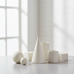Set of white ceramic geometric shapes on a light surface with a window in the background