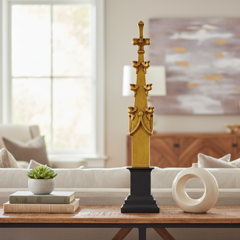 Decorative gold and black lamp on a coffee table in a living room.