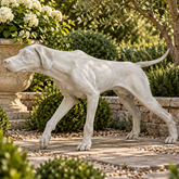 A realistic white dog statue standing on a stone garden path, surrounded by green shrubs, a large flower pot, and trees in a landscaped outdoor setting.