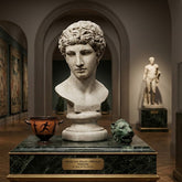 Bust of a classical figure in a museum setting with other sculptures and exhibits.
