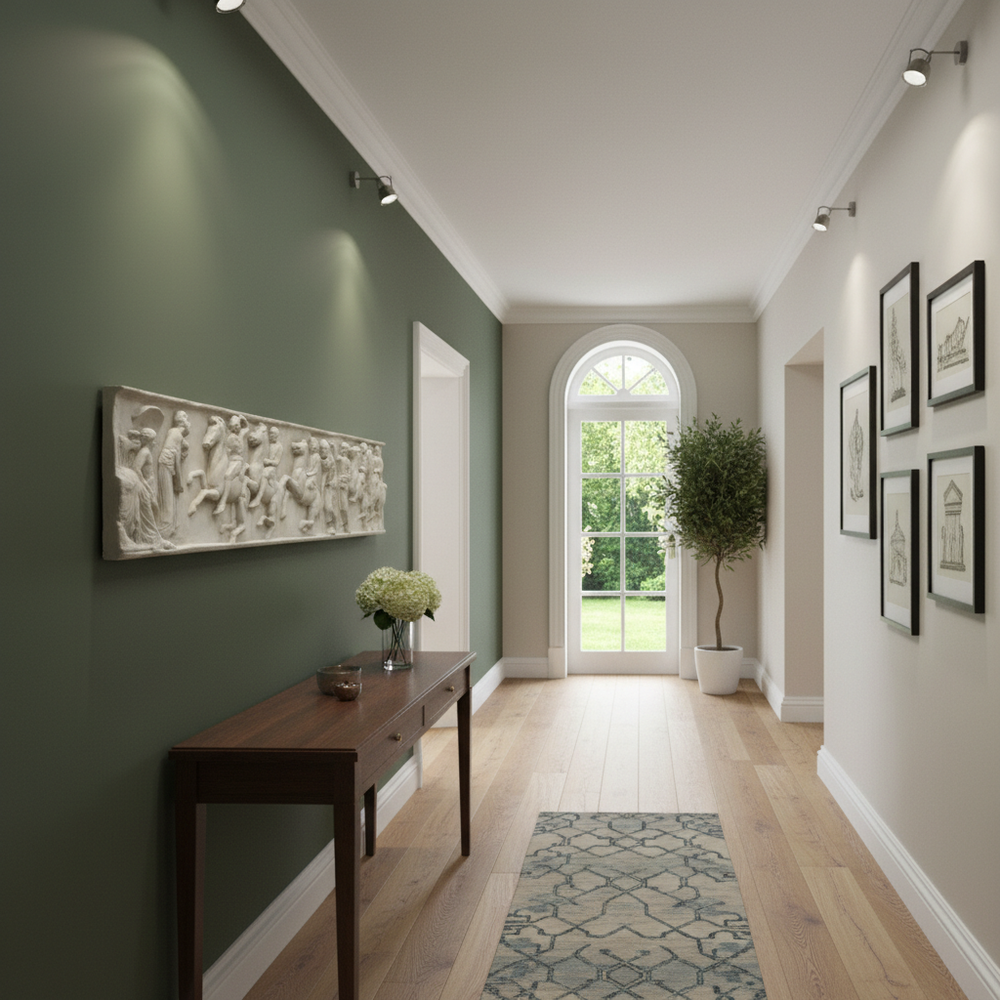 Modern hallway with green wall, wooden console table, and framed artwork.