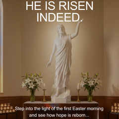 Statue of a risen Christ in a church setting with text about Easter and hope.