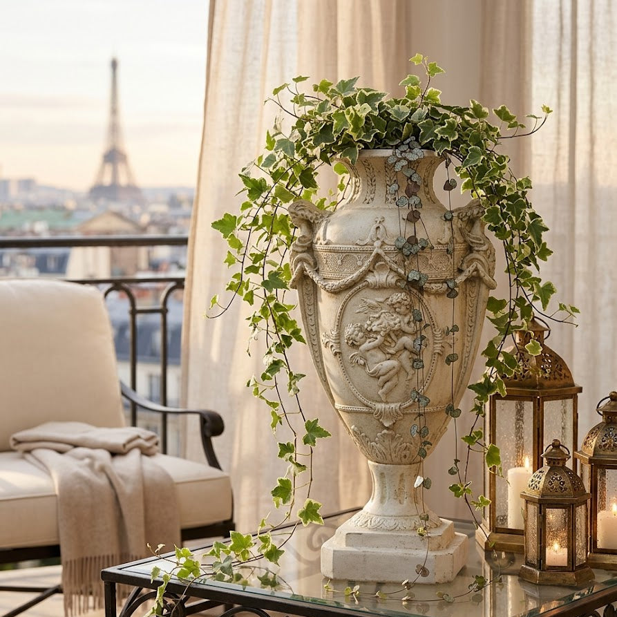 Decorative urn with ivy on a table with a cityscape view in the background